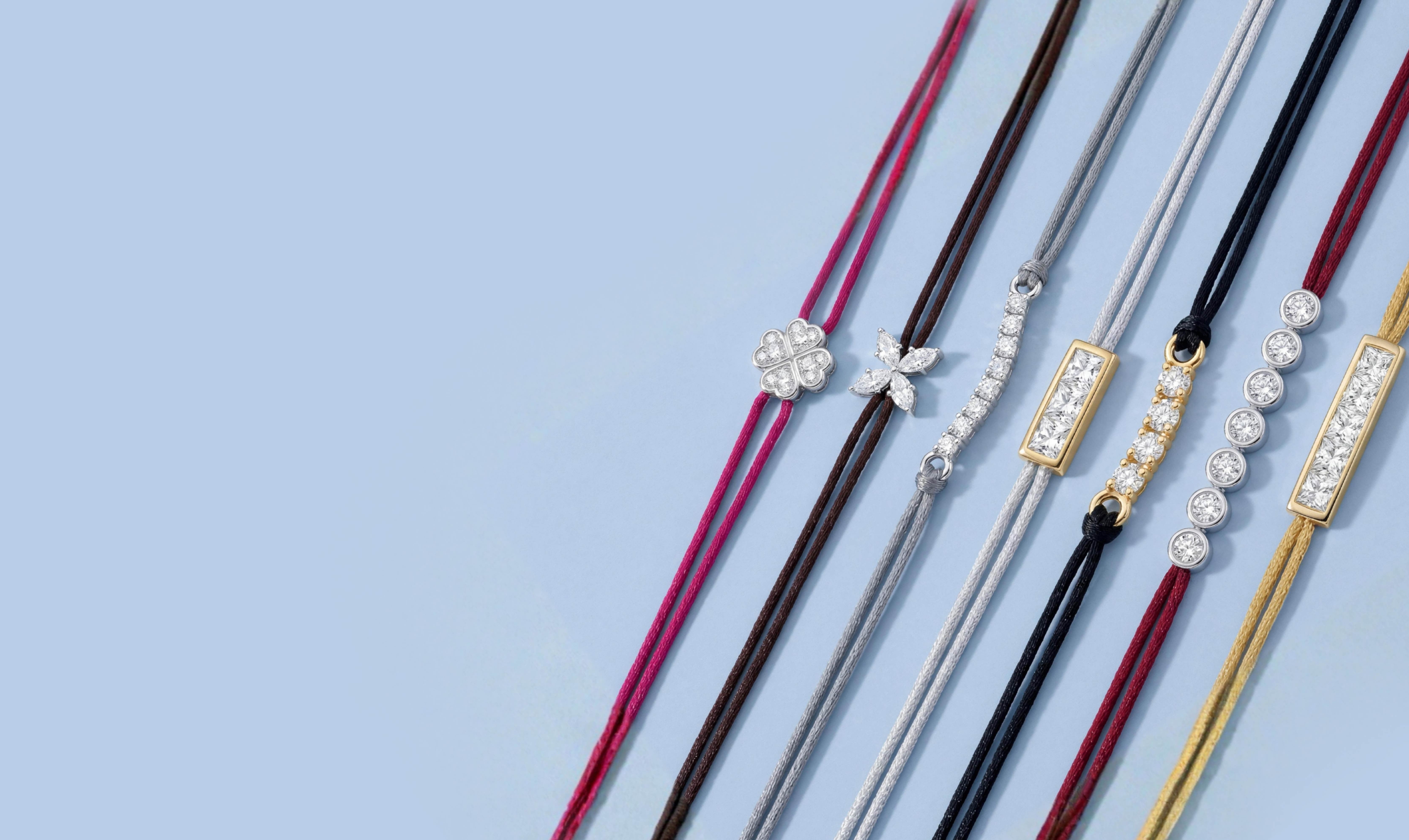 Iconix lab-grown diamond bracelets on silk and nylon cords