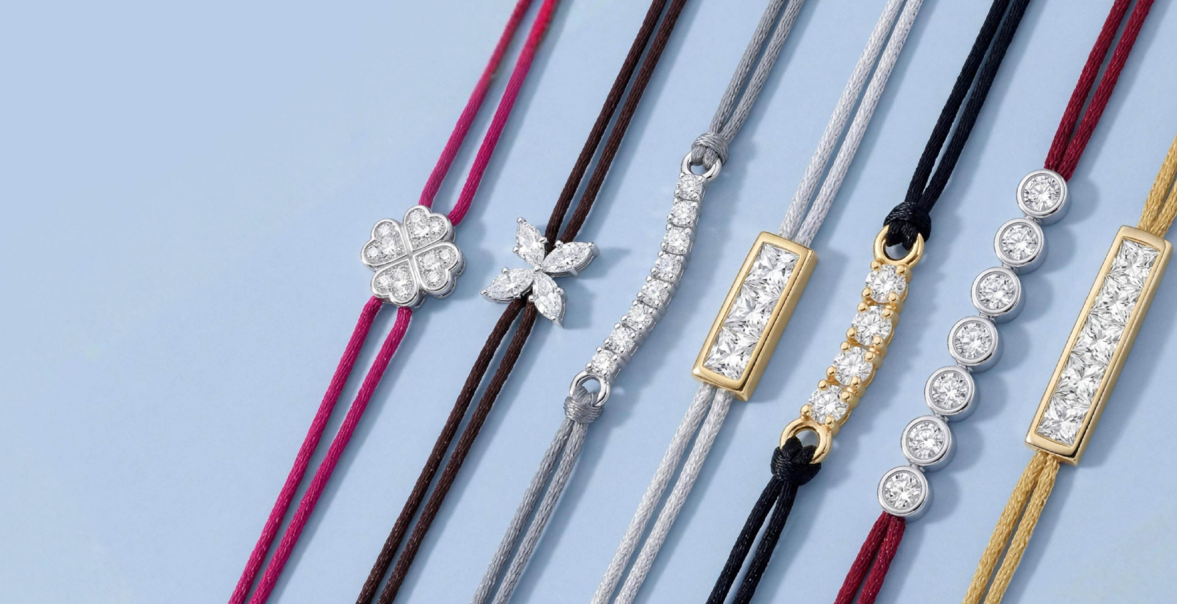 Iconix lab-grown diamond bracelets on silk and nylon cords